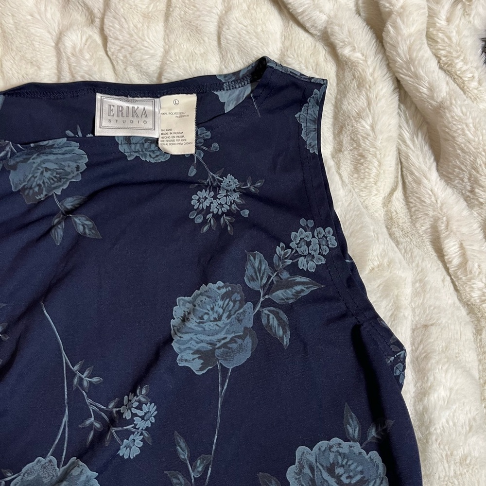 VTG Erika Studio Women L Blue Floral Sleeveless TradWife Maxi Dress City Spring